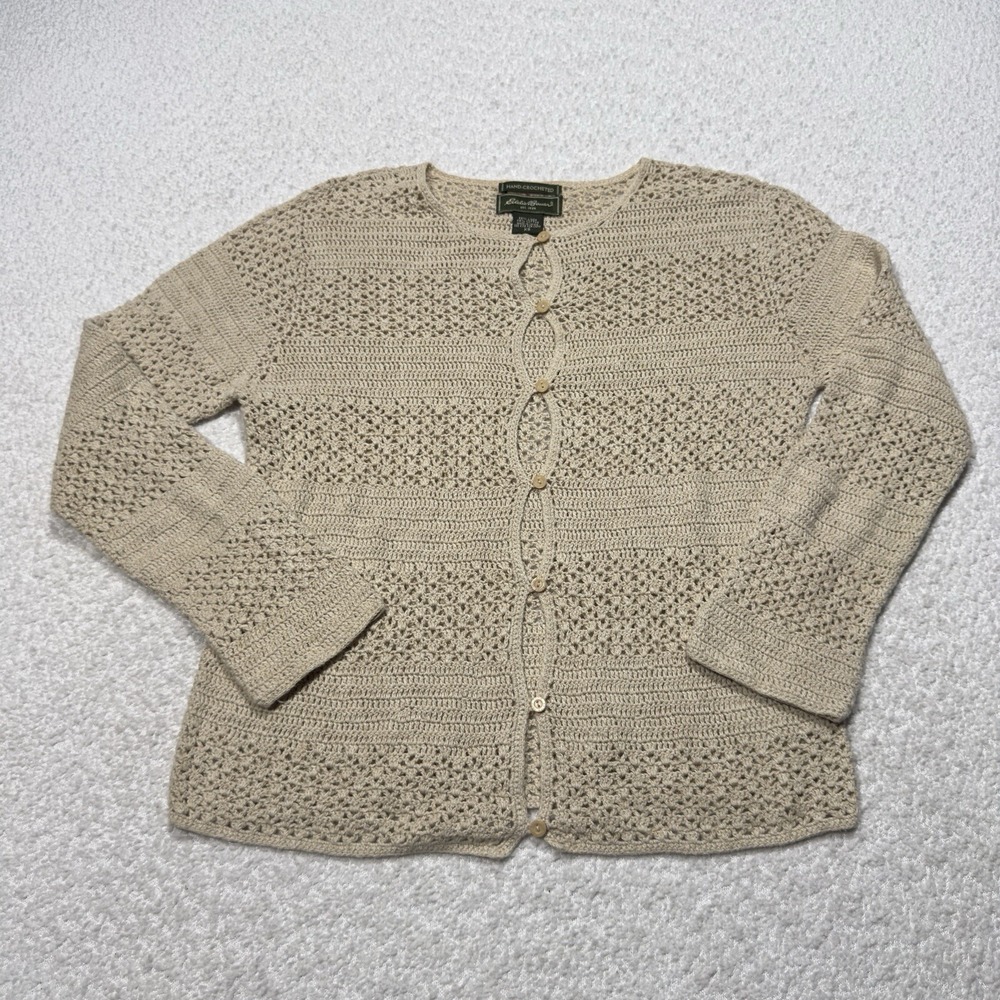 Eddie Bauer Womens Cardigan Hand Crocheted Beige Linen Blend Beachy Sz XS